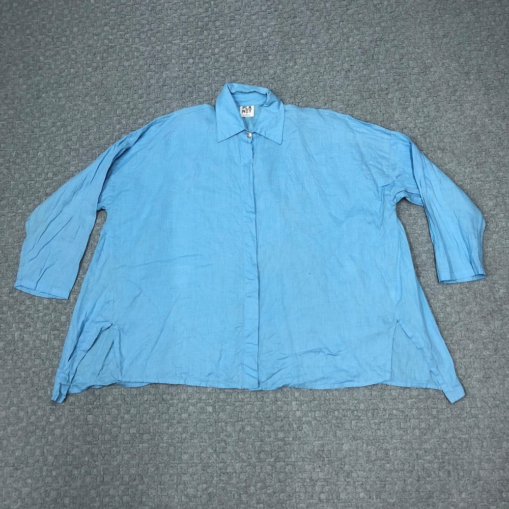 Planet By Lauren G Shirt Womens One Size Blue 100% Linen Button Up Tunic Boxy